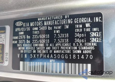 2016 Kia Sorento 3.3L Ex z USA, uszkodzony, nr VIN 5XYPH4A50GG181470